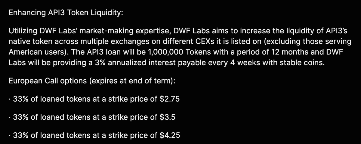 KaurKirikall's tweet photo. 1. @DWFLabs Ecosystem Support and Market Making Proposal for @API3DAO 

As the title says, the proposal splits into two parts: market-making and ecosystem support.

Market-making is a 1m token loan, currently worth $1.7m, and up to $2.5m in loans for ecosystem support. https://t.co/PfTul1YcPK