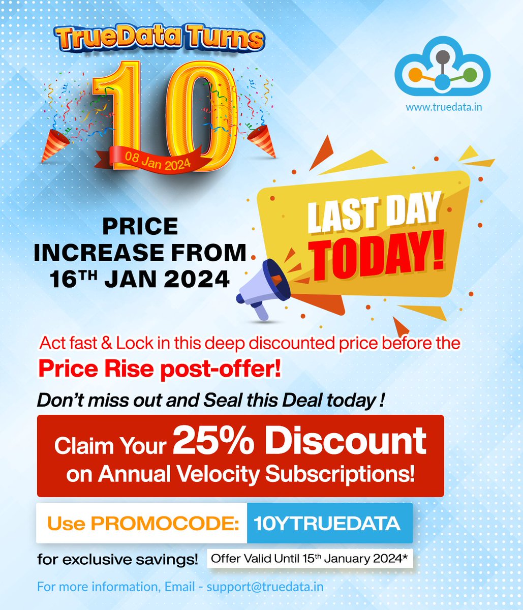 truedata1's tweet photo. 🚀 Hurry up! Only Few Hours Left!🎉
✨Last Day Today ! PRICE INCREASE FROM 16TH JAN 2024
For more information Visit: https://t.co/AGnFQcNKTL
#truedata #celebration10years #dealtoday #DontMissOut #velocity #realtimedata #DataSoftware #DataPlugin #AnalysisSoftware #specialoffer https://t.co/JAozU81S4V