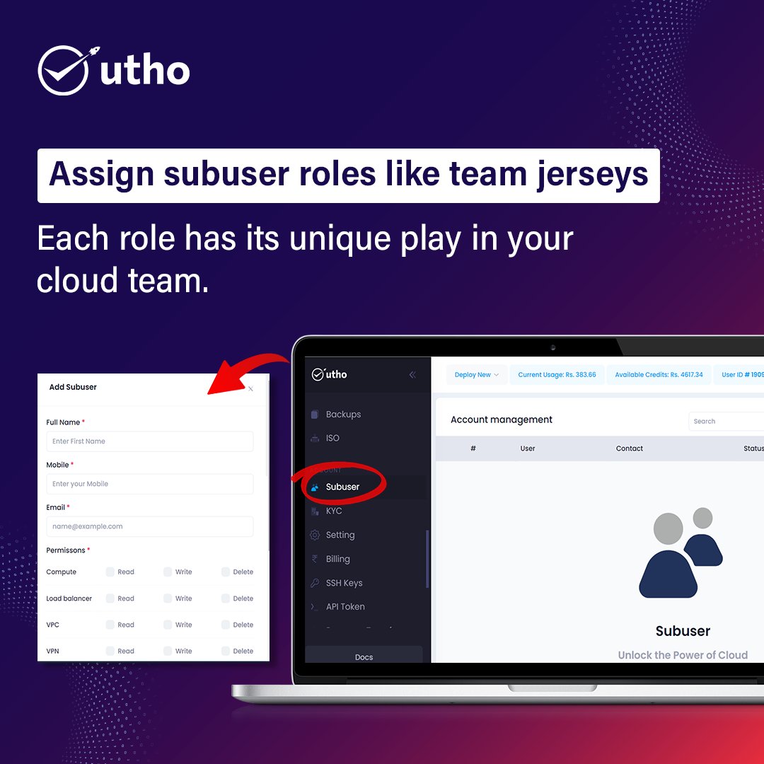 uthocloud's tweet image. Maximize Team Potential. 🤝

Easily assign subuser roles to your cloud resources with Utho's platform - each with a distinct position and strategy.

Deloy today at utho.com ☁

#cloudcomputing #accesscontrol #subusers #cloudinnovation #cloudinfrastructure