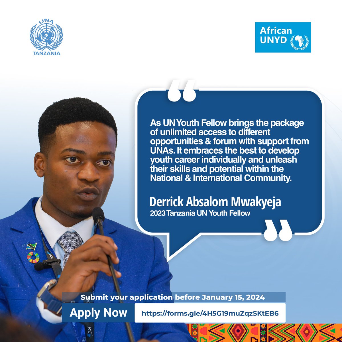 UNATanzania's tweet photo. Today is the final day for the application of the Tanzania UN Youth Delegates and Fellows. 

You still have a few hours  to make a difference. 

Apply now!

Application link: https://t.co/eQi1Au25Db

#AUNYDTz
#AUNYD2024 https://t.co/BdJiZzOtul