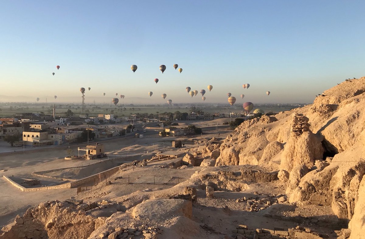 KS_Archaeology's tweet photo. Early morning start on the Theban necropolis near Luxor - great to be back in the field 

The many hot air balloons over the west bank suggests strong tourism numbers this year

#egypt #archaeology #tourism https://t.co/6bHVcfIwfC