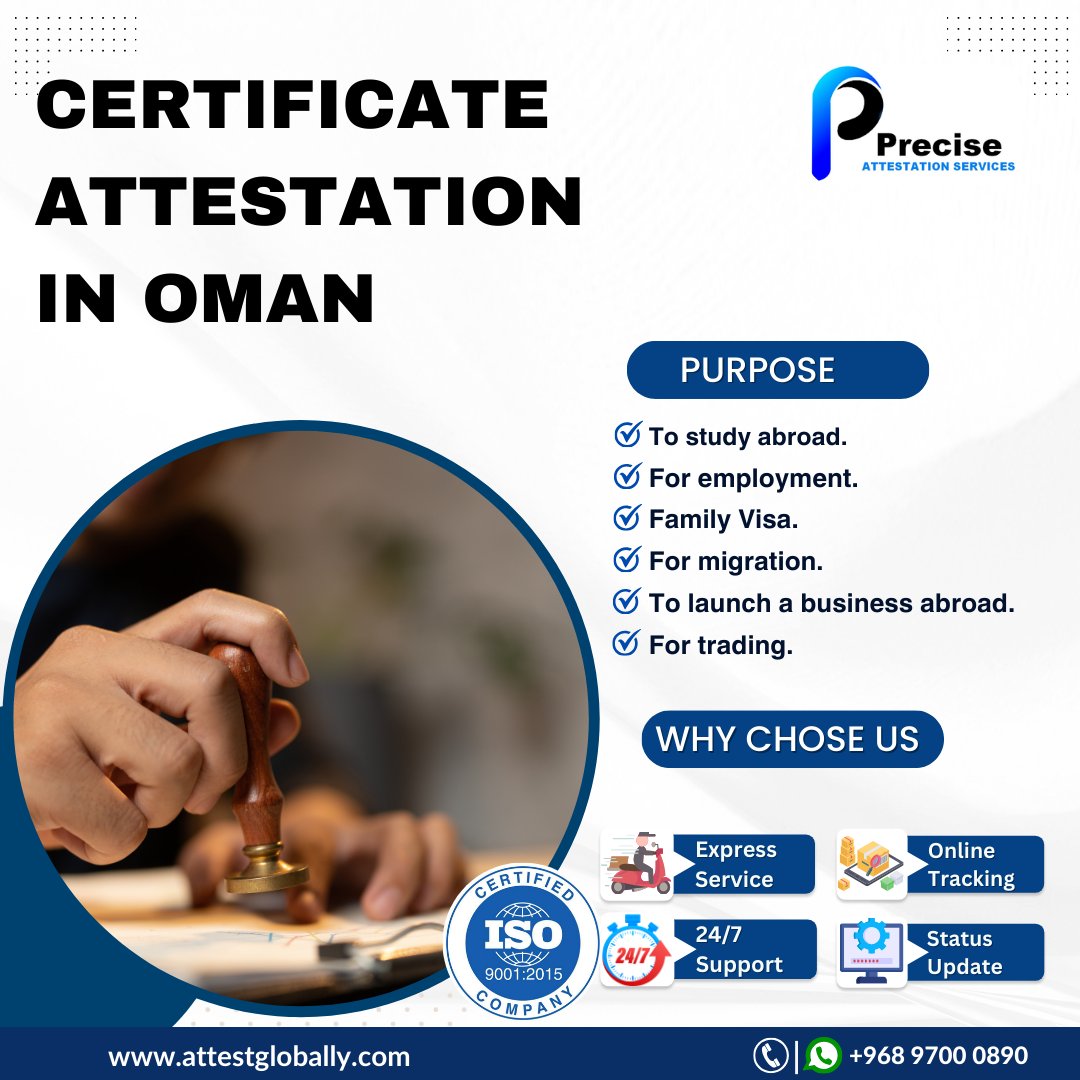 Certificate attestation is a process in which the authenticity of a certificate issued by a government or educational institution is verified by a recognized authority.
Visit us: attestglobally.com
Contact us: +968 9700 0890
#certificateattestationinoman #oman
