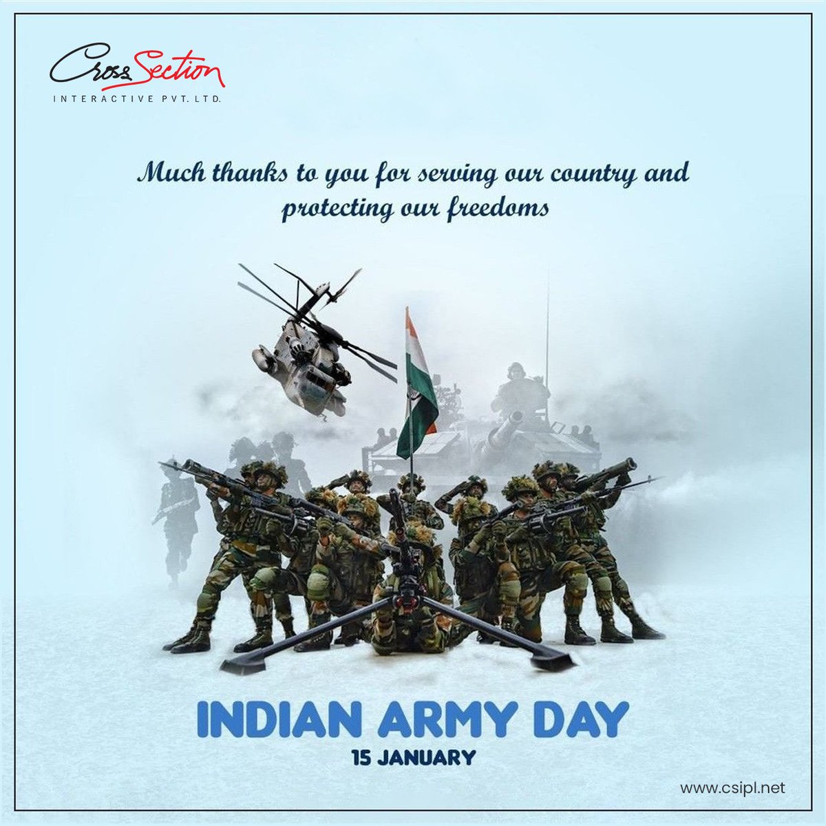 💻At CSIPL, we salute the real architects of our nation.
Happy Army Day to the guardians of our borders and beyond.
#ArmyDay #ArmyDay2024 #IndianArmyDay2024   #JaiHind #indiansoldiers #soldier #nationaldefenceacademy #indiandefence #Military 
#csipl #cross_section_interactive