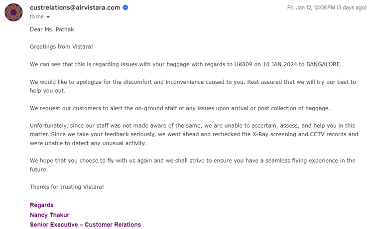 GeetuPathak's tweet photo. Filed report number 18202234. Disappointed at the lack of urgency from customer service. Got a standard email that I should've checked my baggage at arrival! Now I get to unpack my entire suitcase at every airport, just in case @airvistara "misplaced" something.

@TataCompanies https://t.co/zOG2deWCrW