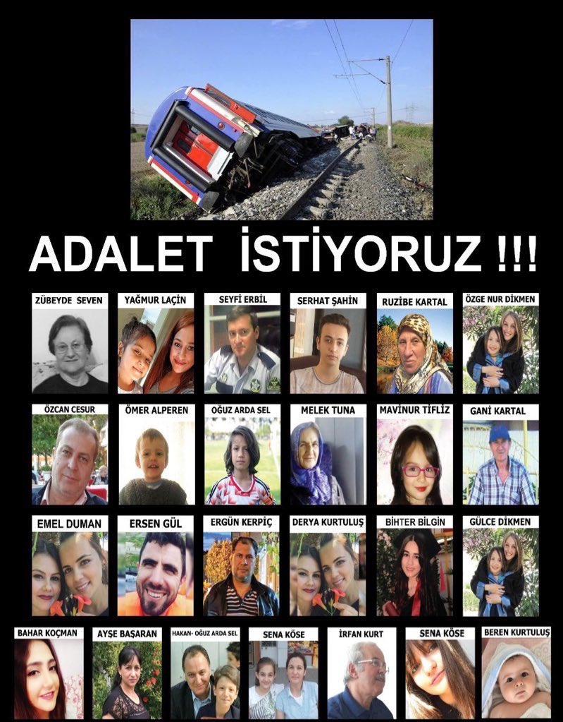 #CorluTrenKatliamı ‘nın karar duruşmasına 9 gün kaldı.
Ölen her bir evladın hesabını sormak için, adaleti yıllardır sağlayamayanlara daha güçlü #adalet diye haykırmak için hep birlikte Çorlu’da olalım.
Adalet rayların altında kalmasın!
#ÇorluİçinAdalet