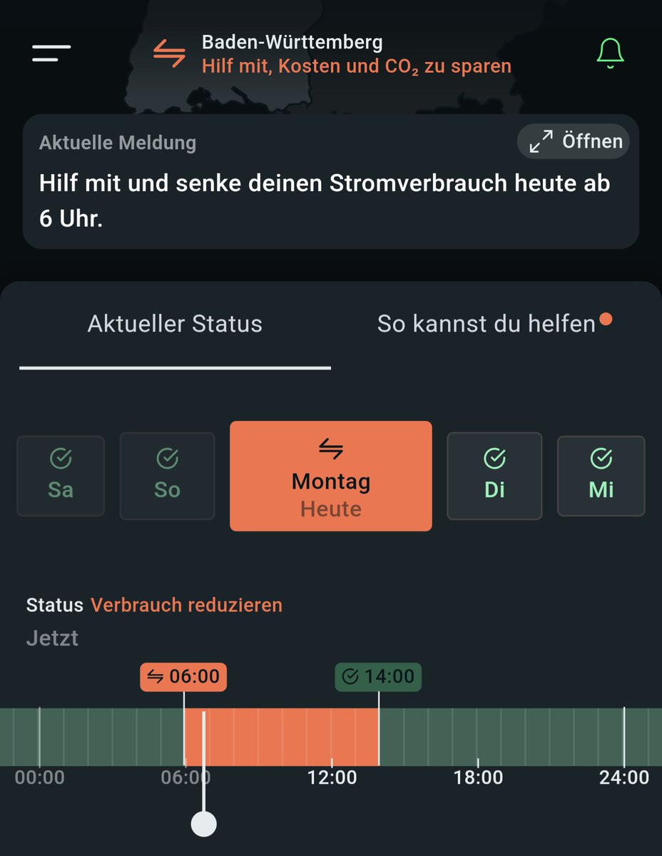 Heute zwischen 6 und 14 Uhr empfiehlt <a href="/StromGedacht/">StromGedacht</a> möglichst wenig Strom in Baden-Württemberg zu verbrauchen. Der Grund: Die Stromleitungen von Nord nach Süd-West sind ausgelastet. Zur Netzstabilisierung wird Strom aus konventionellen Kraftwerken und Ausland abgerufen. #co2