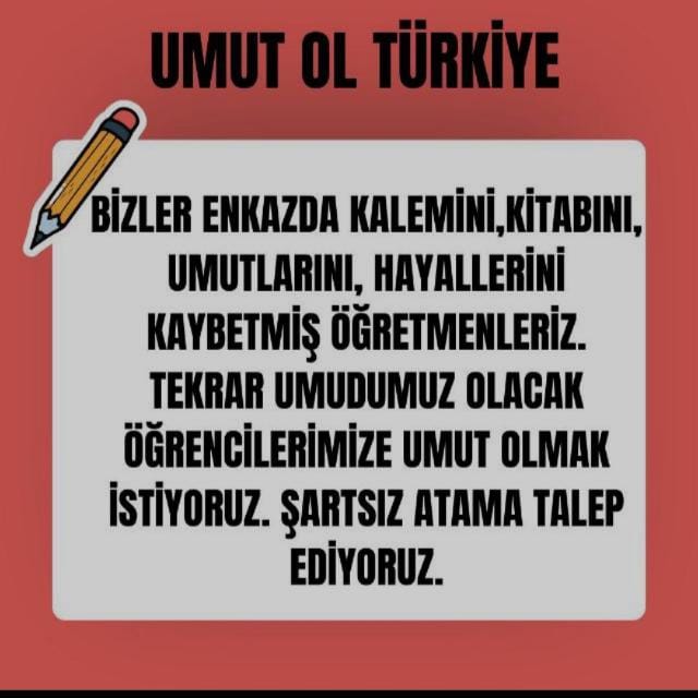 Sayın <a href="/karagozilker/">ilker karagöz</a>
Deprem bölgesnde yaşm mücadelesi vern atması gerçekleşmmş depremzede öğretmenlern sesini duyn yok maalesf.İş yok,aş yok,umut yk. Şartsz atama bekliyrz. Başka çaremz yok.
İktidar da muhaleft de bizi duymuyr, duymk istemiyr.Lütfn sesmz oln @FOXhaber
#CanDayanmaz
