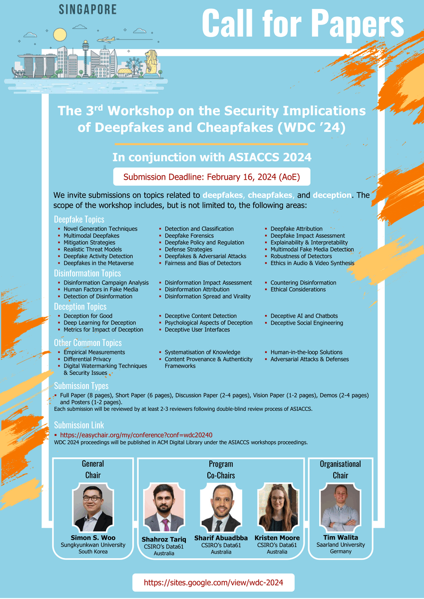 TheDASHLab's tweet photo. "Calling all researchers! 📢 Submit your work on deepfakes and deception  to WDC '24 by Feb 16, 2024. Let's delve into the future of digital  security!

#Deepfakes #Cybersecurity #DigitalEthics #WDC2024 #ASIACCS2024 #AI https://t.co/ie2TApsM3J