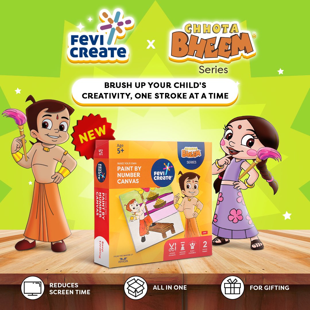 It’s time for your little ones to pick up their brushes and paint their own world of Chhota Bheem with Fevicreate Paint by Number Canvas.🎨​

Packed with all the essentials, this kit makes it a breeze for your little artist to bring their imagination to life🖌️