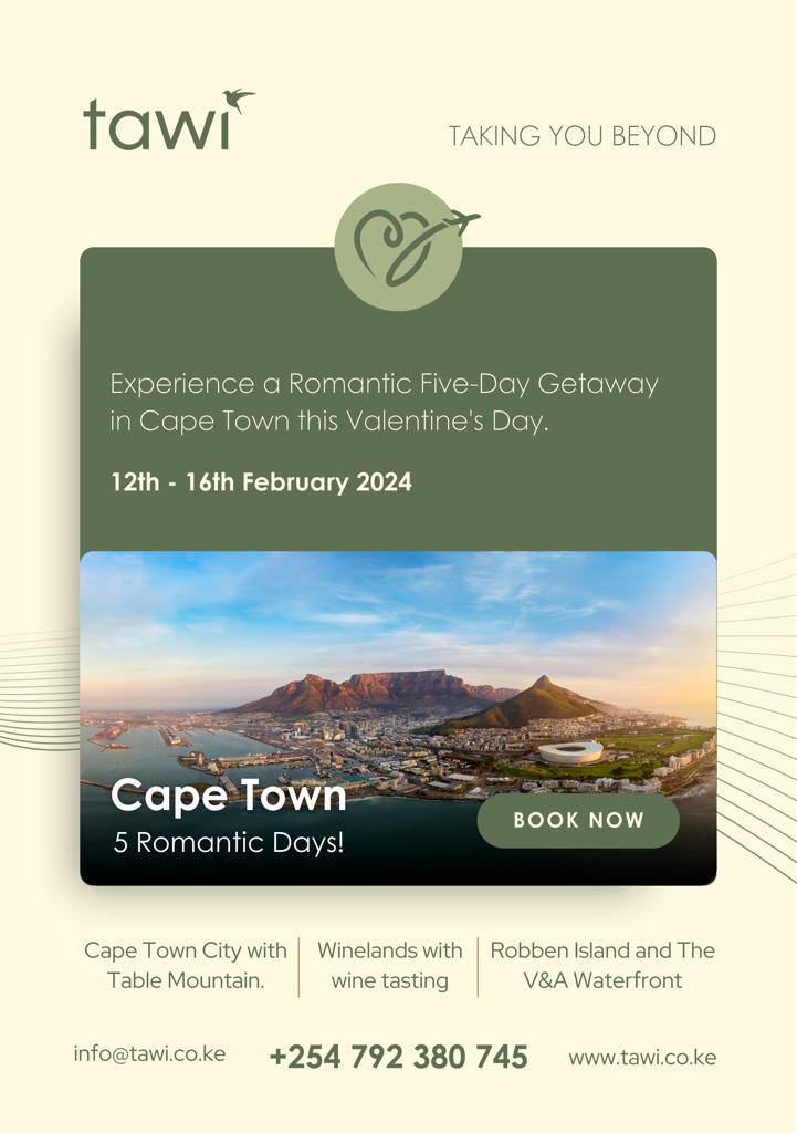 Tawi____'s tweet photo. Love is in the air! 💕 Escape to the enchanting beauty of Cape Town with our exclusive 5-day Valentine's getaway from Feb 12th to 16th. 🌹

Plus, spread the love effortlessly with our 'Lipa Pole Pole' payment option as the big day draws near.

Escape with us;
📲 +254 792 380 745 https://t.co/mh826KFX32