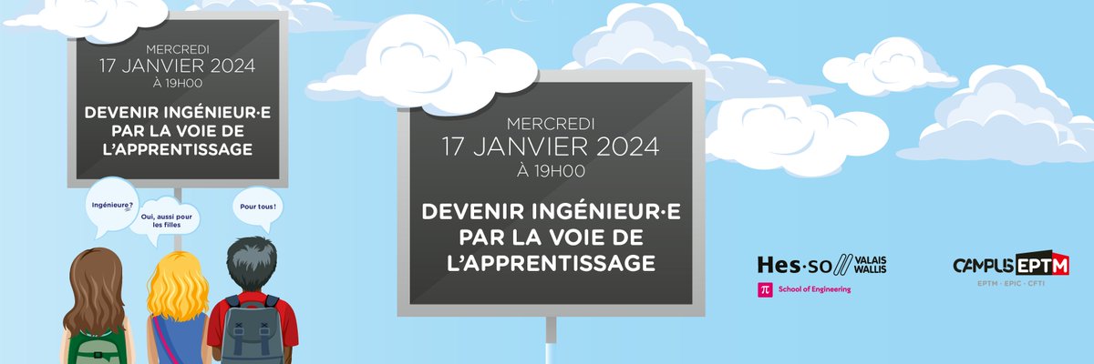 MediaEPTM's tweet photo. SÉANCE D’INFORMATION HES-SO – DEVENIR INGÉNIEUR-E
La HES-SO Valais/Wallis de Sion vous propose une séance d’information « Devenir ingénieur-e » le 17 janvier 2024 à 19h00. #MediaEPTM #CampusEPTM #BePro https://t.co/OplxS7Uqpo https://t.co/mV7fZI3pw5