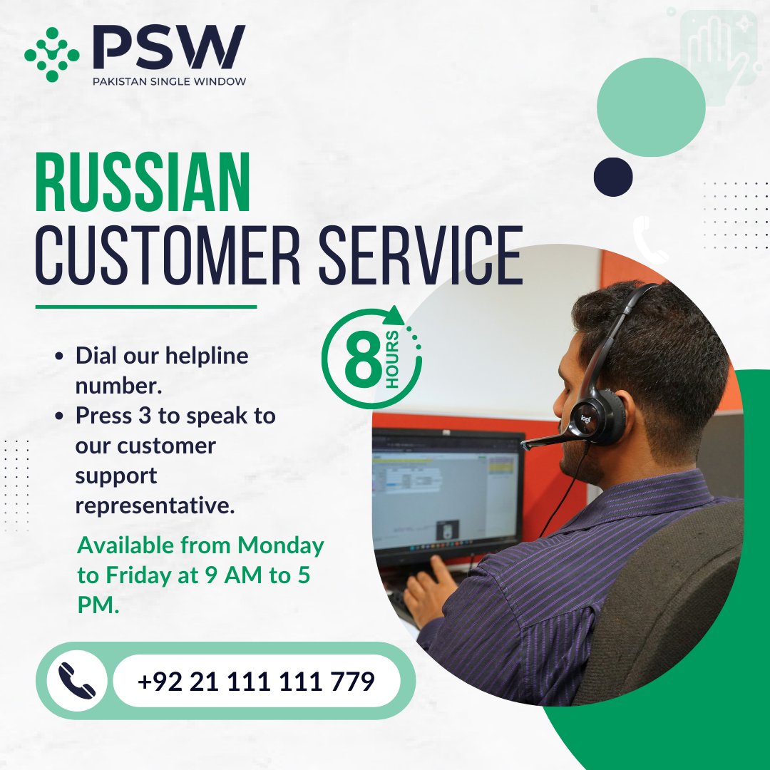 PakSingleWindow's tweet photo. PSW is introducing a new Russian-speaking support line for Central Asian Trade Community. Here to assist you from 9-5 on workdays, ensuring a seamless #PSW experience. Dial 021-111 111 779, Press 3, Connect.
#CustomerService #SuperiorSupport
@FBRSpokesperson @Pak_Customs https://t.co/pDp8do2siN