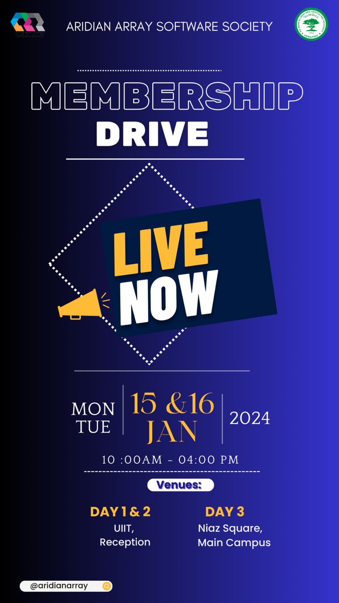 AridianArray's tweet photo. Hello there, Aridians!

The *Aridian Array Software Society* has launched its membership drive for the 2023-24 academic session.
The Membership Drive available for two days (January 15 and 16) at UIIT
Become a member and get the doors to, a plethora of benefits, opened for you https://t.co/SjtyMTJDbv