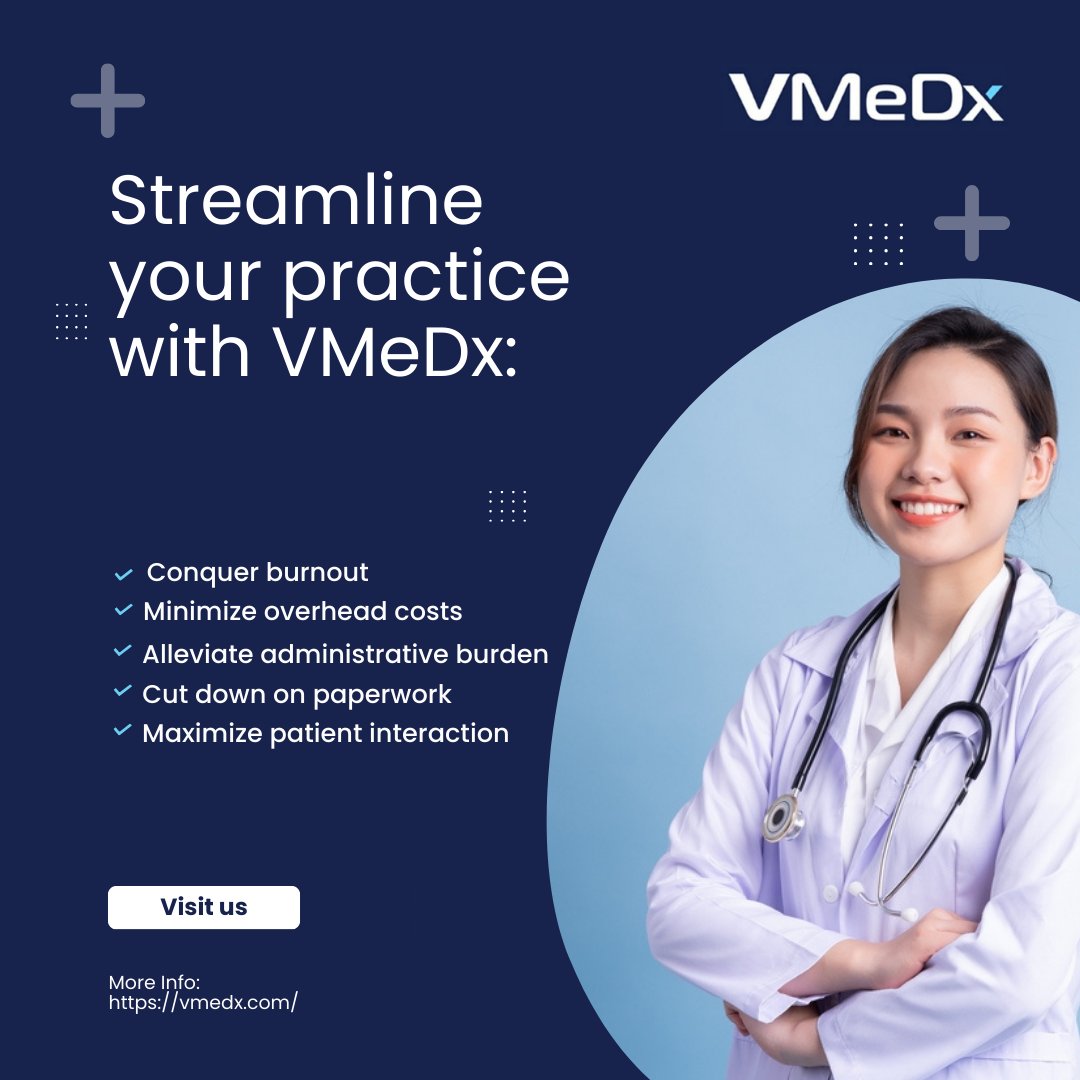 Revitalize your practice with VMedx! Say goodbye to burnout, reduce costs, eliminate administrative burdens, streamline paperwork, and prioritize meaningful patient interactions. 

#VMedx #PracticeEfficiency #HealthcareInnovation #PatientCareMatters
