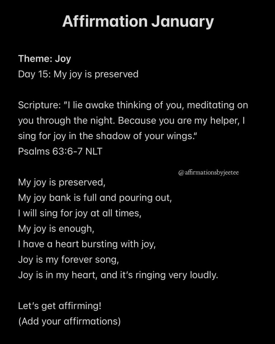 AffirmbyJeetee's tweet photo. You're under the canopy of God's love. Relax, the joy that God has bestowed on you is for life and it cannot diminish. Rather it's from one expression of glory to another.
#Affimations
#Affirmjoy
#Mondaymotivation https://t.co/ahi6i2vQ5S