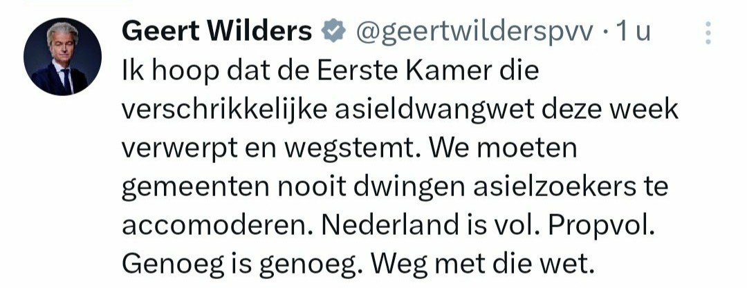 En wat als de spreidingswet niet doorgaat? Laten we de asielzoekers, Ter Apel en Budel dan gewoon stikken? Lost het probleem zich dan vanzelf op? Wat hebben we aan een toekomstige minister president die alleen dit soort tweets plaatst maar nooit een oplossing <a href="/geertwilderspvv/">Geert Wilders</a>?
