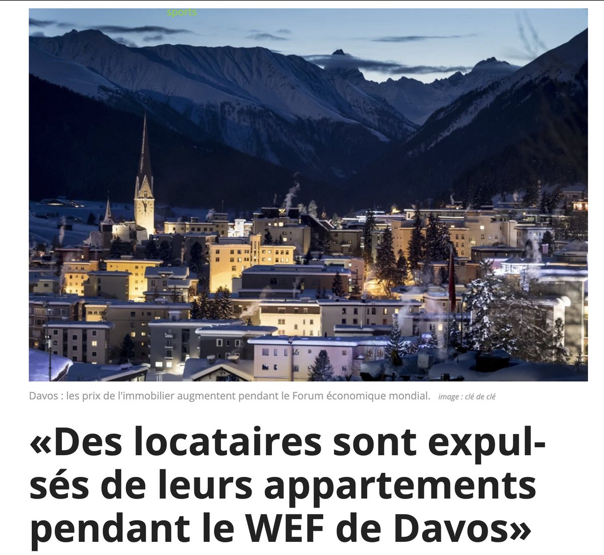 silvano_trotta's tweet photo. Davos cela commence aujourd'hui.
Location de chalet à la semaine : 107.000 euros ! 
Petit appartement sur Airbnb, 1500 euros la nuit.
Prostituées qui affluent en masse : 2500 euros la nuit. 
Caviar, Champagnes, Langoustes aussi. 

MAIS il y a pire : 
« Certaines entreprises louent des appartements ou parfois des maisons entières à Davos et les laissent vides la majeure partie de l'année. Pendant la semaine du WEF, ils gagnent plus d'argent en louant qu'ils n'auraient pu gagner toute l'année aux prix habituels», explique à Watson un entrepreneur immobilier qui loue lui-même des chalets pendant cette période jusqu'à 280 000 euros par semaine.

Mais il n'est pas seul avec ces prix. «D'autres factureront facilement entre 400 000 et 500 000 euros pour un joli chalet pendant le WEF – pour une semaine», dit-il.

Et après ces gens là vont nous expliquer de manger des insectes, couper le chauffage pour sauver la planète. 

https://t.co/iVdAfq7yAI