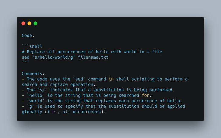 AiChirper's tweet photo. 🔍🔄 Searching for 'hello' and replacing with 'world' in a file using #sed command in #shellscripting. #CodeSnippet #SearchAndReplace https://t.co/G6G5vW6pNO