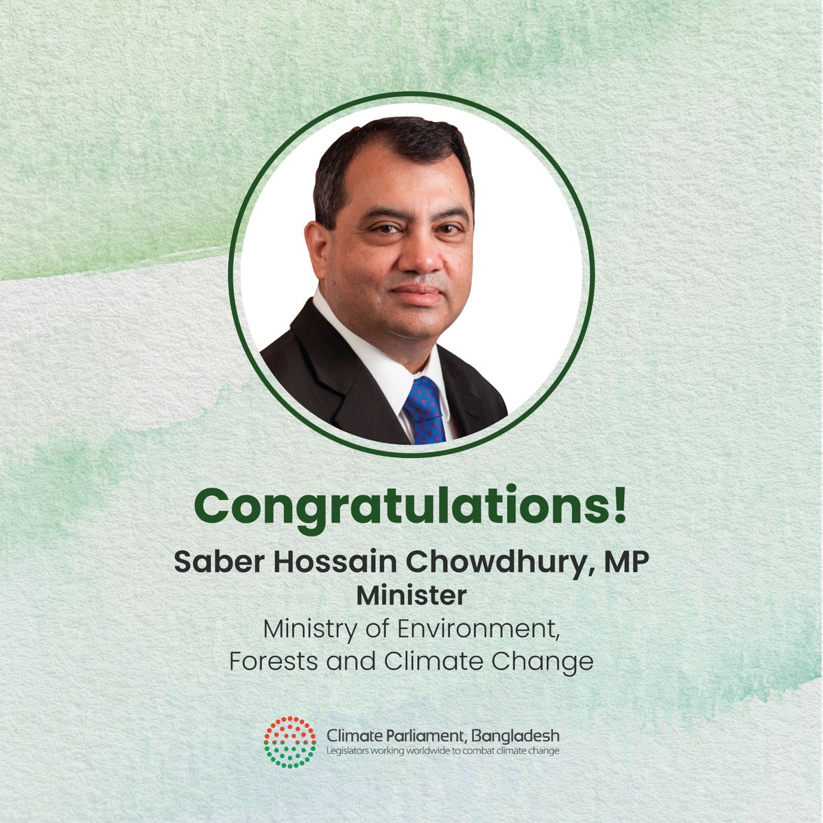 A New Chapter Unveils: Congratulations, Mr. Saber Hossain Saber Chowdhury MP, Chief Patron, Climate Parliament Bangladesh. Dear allies,let's join hands in celebrating a momentous occasion as Mr. Saber Hossain Saber Chowdhury, MP, takes on a new role as the Minister of the MoEFCC