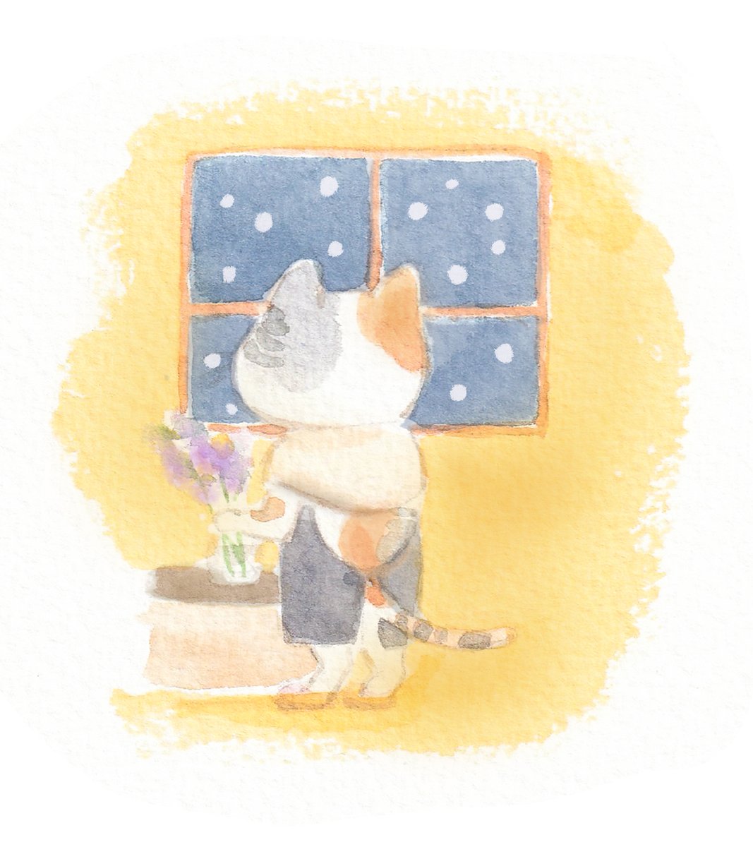穏やかな日々を過ごせますように。
＃水彩イラスト　＃ねこイラスト　＃お茶どうぞ　＃雪見
