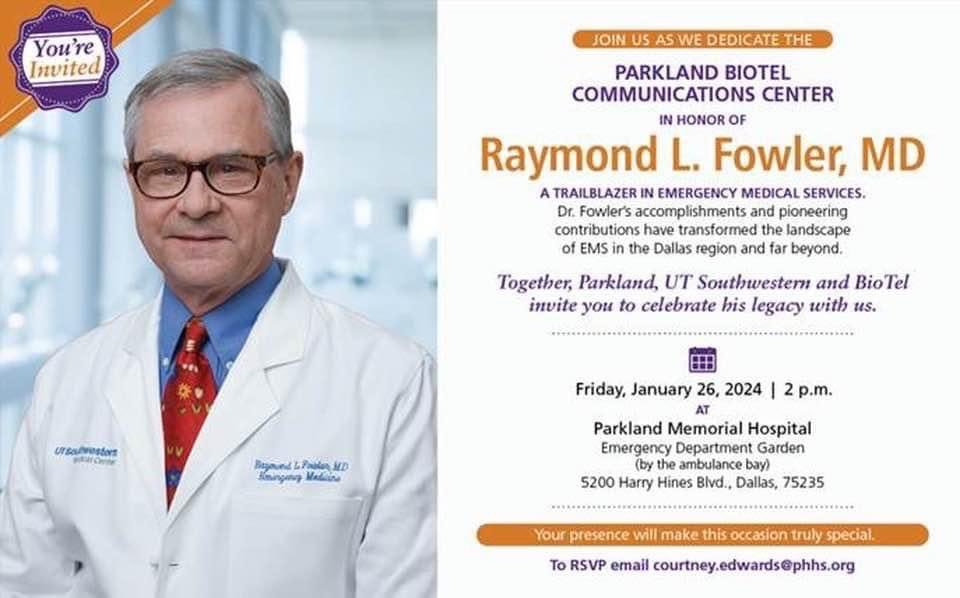 BMorshediMD's tweet photo. You aren’t a true #EMSDoc if you don’t know Dr. Ray Fowler! He’s mentored 1000’s over a 40+ yr career! If you’re in Dallas on Jan 26th, he would love to have you there to celebrate this honor!
If you can’t be there, but want to send a short video tribute to him, send me a DM. https://t.co/drZBT4HGtK