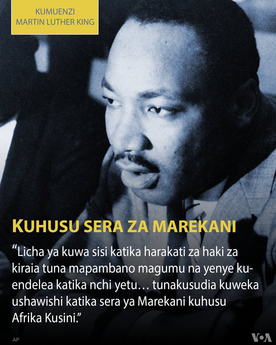 VOASwahili's tweet photo. Marekani yamuenzi Martin Luther King Jr. leo Jumatatu kumuenzi mchango wake katika kupigania haki za watu weusi... . Hii ni moja ya nukuu muhimu aliyoitoa kuhusu Afrika Kusini...
#martinlutherkingjr #Marekani #Afrika #voa #voaswahili #hakizakiraia #ubaguzi #sera #AfrikaKusini https://t.co/toV8fIqCcT