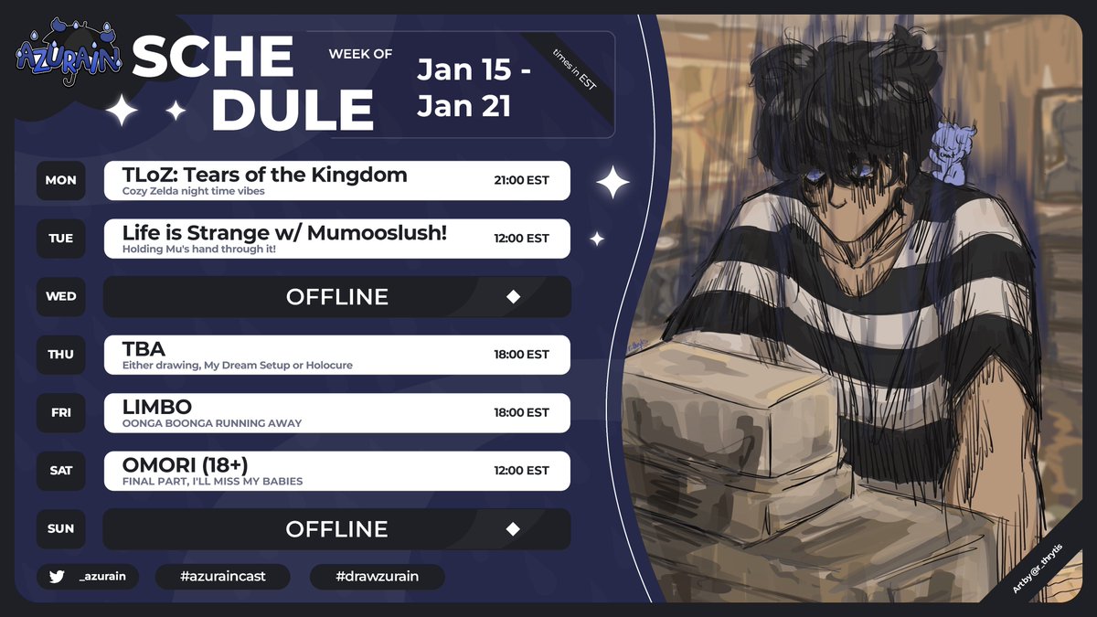 _azurain's tweet photo. ☔️SCHEDULE 1/15 - 1/21🗓️
TOTK brainrot, LIMBO, FINAL OMORI STREAM and Life is Strange w/ @mumooslushy!! pls look forward to this week's streams 😊🌟
☔️General: #Azurain
🎨Art: #Drawzurain
🔵Live: #Azuraincast
#VTuber #ENVTuber #VTuberUprising https://t.co/Z6kyB7IjQR