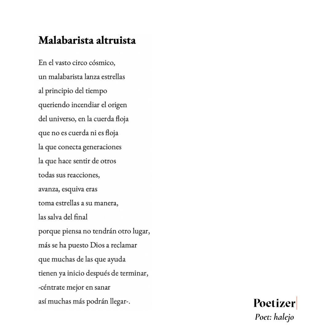 ''Malabarista altruista'' by #Poetizerpoet halejo

Want more Spanish language poems? Drop a ''Si'' in the comments below!
¿Quieren más poemas en español? Deja un "Sí" en los comentarios 📩 

😀 Follow this poet: poetizer.com/author/1985665…