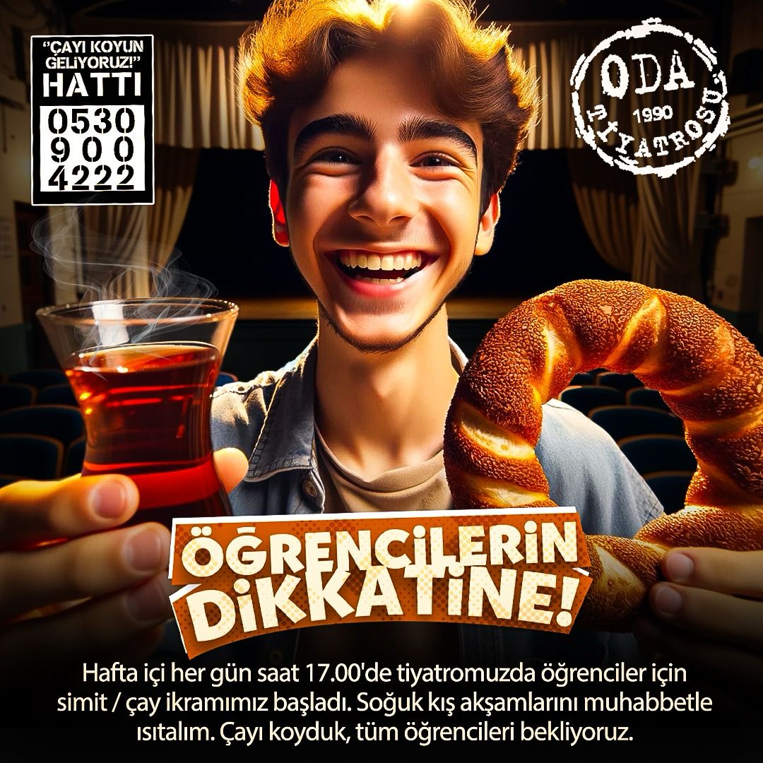 Sevgili dostlarım hafta içi her gün öğrencilere ücretsiz simit ve çay dağıtıyoruz. Siz de katkıda bulunmak isterseniz lütfen bize yazın. Afişimizi paylaşarak daha çok öğrenciye ulaşmamızı sağlayabilirsiniz. <a href="/tiyatrolarcomtr/">tiyatrolarcomtr</a>
