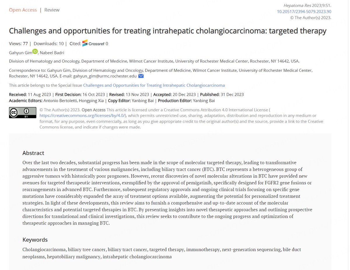 <Newly Published REVIEW> #icca #BTC #targetedtherapy #immunotherapy #meded #livertwitter 👏Challenges and opportunities for treating intrahepatic cholangiocarcinoma: targeted therapy 👨‍⚕️Authors: Dr. Gahyun Gim and Dr. Nabeel Badri from @WilmotCancer 🔗oaepublish.com/articles/2394-…