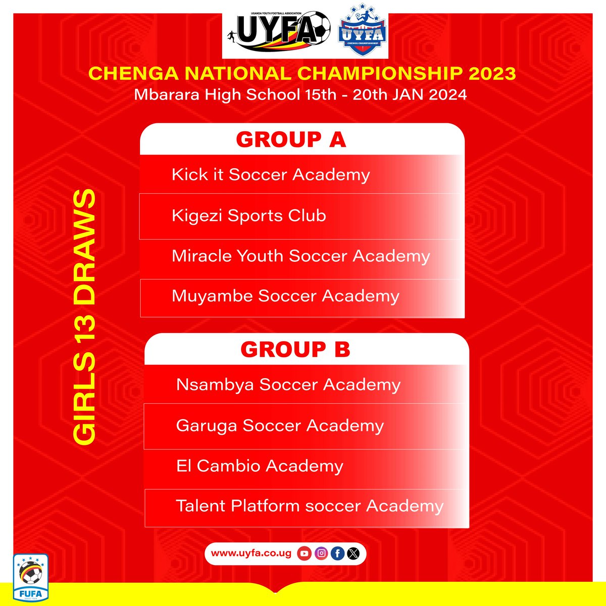 Eight (8) girls' teams will be battling also in the championship. Have a look at the group daws. Mbarara High School, Mbarara City, is the place to be this week #LetUsWatchThemYoung