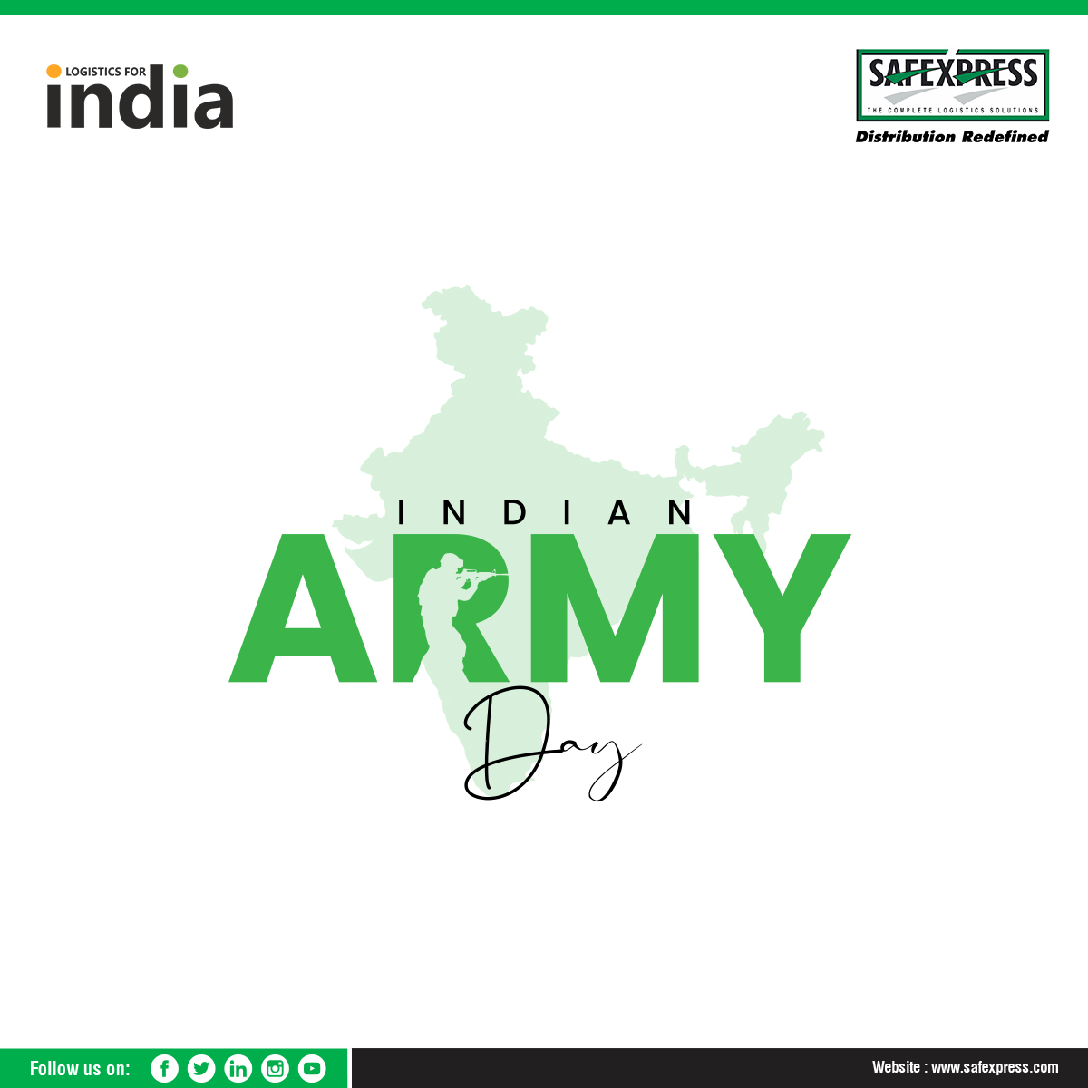 On this Indian Army Day, #Safexpress salutes the brave hearts who are the reason behind our pride, smile and safety!

#NationalArmyDay #IndianArmy #PrideOfOurNation #India #JaiHind