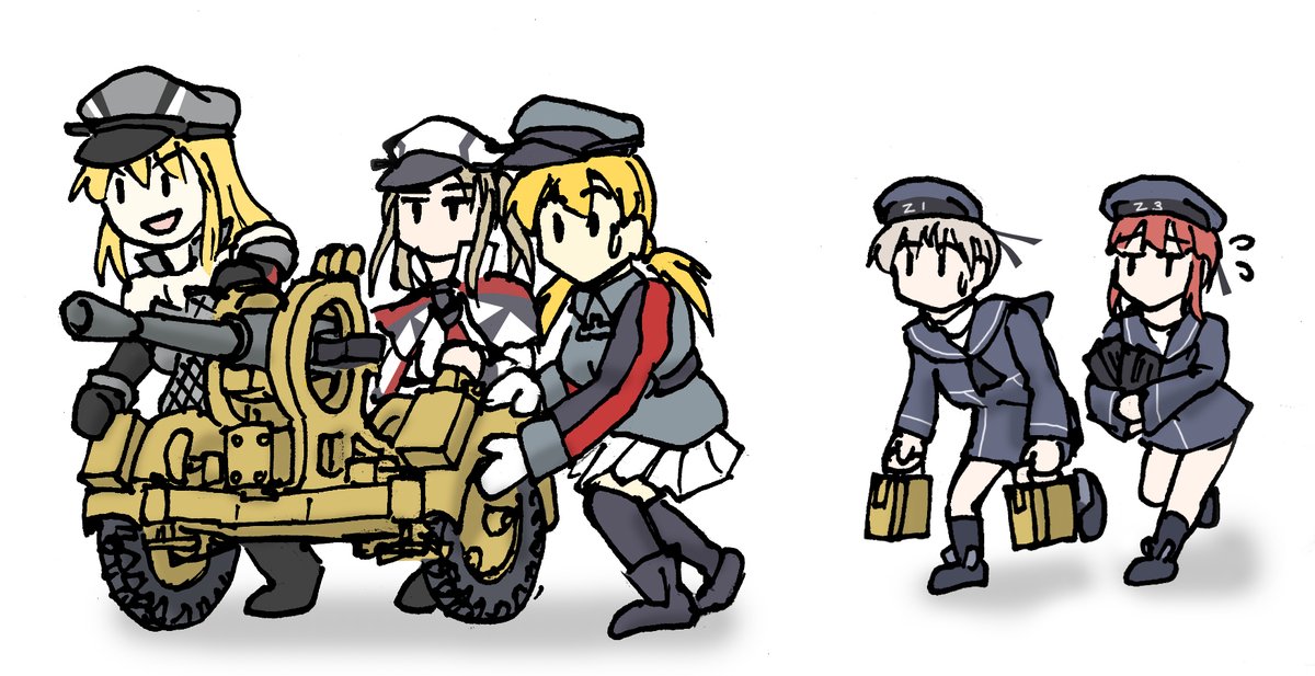 bismarck (kancolle) ,graf zeppelin (kancolle) ,prinz eugen (kancolle) ,z1 leberecht maass (kancolle) ,z3 max schultz (kancolle) multiple girls hat ground vehicle blonde hair twintails short hair military  illustration images