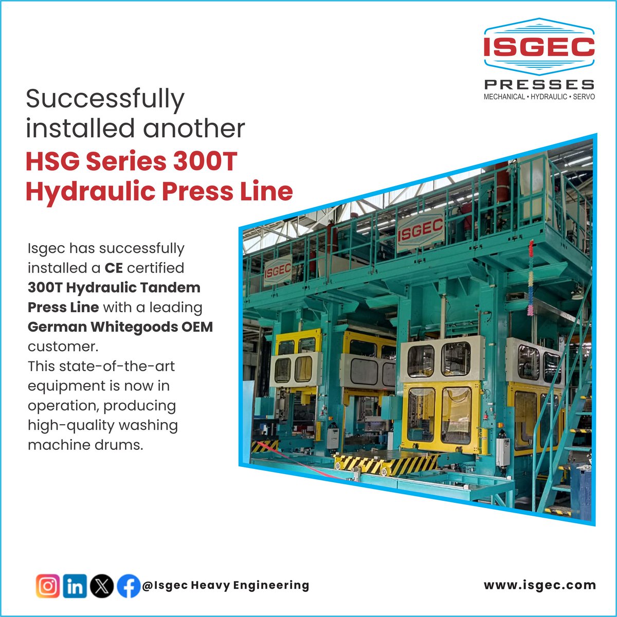 We are pleased to announce that Isgec has successfully installed a CE Certified 300T Hydraulic Tandem Press Line with a leading German Whitegoods OEM Customer to manufacture high-quality washing machine drums.

#IsgecPresses

1/4