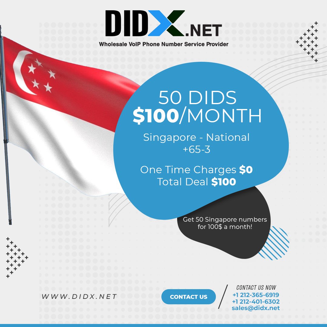 Special Offer Alert!
Get 50 Singapore DID numbers for just $100/month!

Elevate your communication game with this exclusive deal.
Limited time only! 🌐✨ 
didx.net

#DIDXSpecial #ConnectSwissStyle #Specialoffer