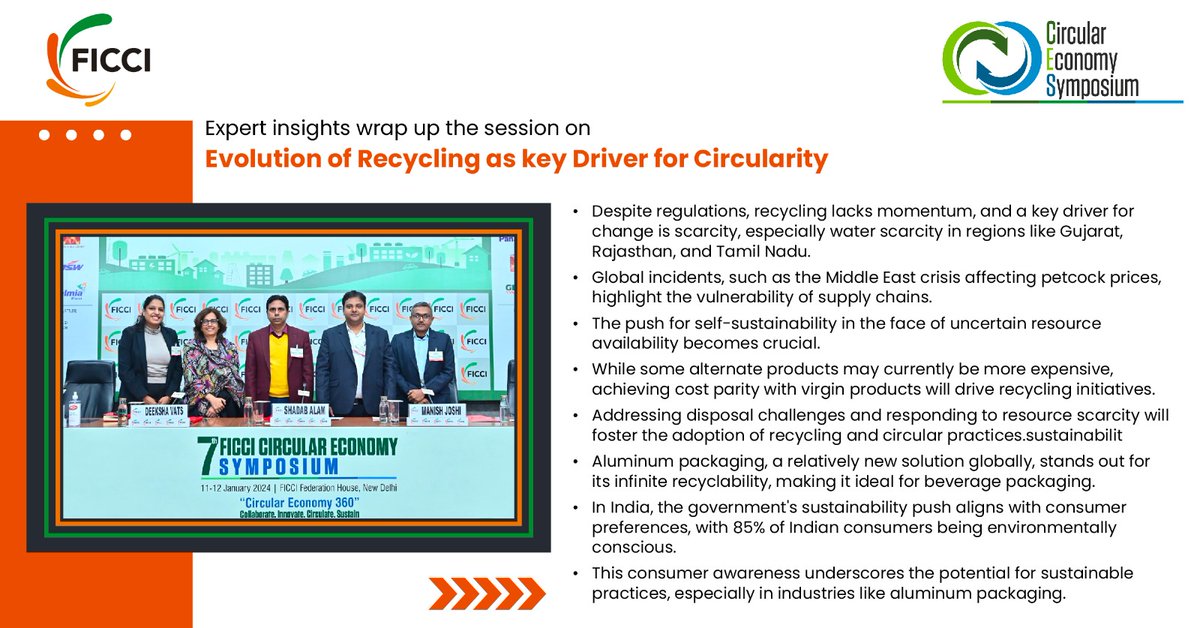 QF_FICCI's tweet photo. We extend our sincere gratitude and appreciation to the distinguished speakers who wholeheartedly dedicated their valuable time and expertise to contribute to the insightful and enriching session on the Evolution of Recycling as a Key Driver for Circularity.

#FICCI #CES2024 https://t.co/JtbaWQS0qR