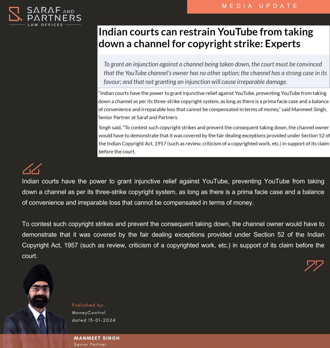 SarafPartners's tweet image. An article titled ‘Indian courts can restrain #YouTube from taking down a channel for copyright strike: Experts’ quoting Firm’s Senior Partner, Manmeet Singh published by @moneycontrolcom

moneycontrol.com/news/trends/le…

#copyright #copyrightact #google #anticompetition #litigation #law