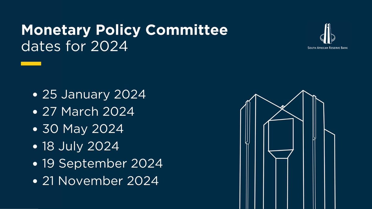 SAReserveBank's tweet photo. The SARB has a constitutional mandate of price stability and works towards keeping inflation within the 3 to 6 percent target band. The Monetary Policy Committee meets bimonthly to decide on the repurchase rate, taking into account inflation, key economic data and risks. The 2024 MPC press conference dates: