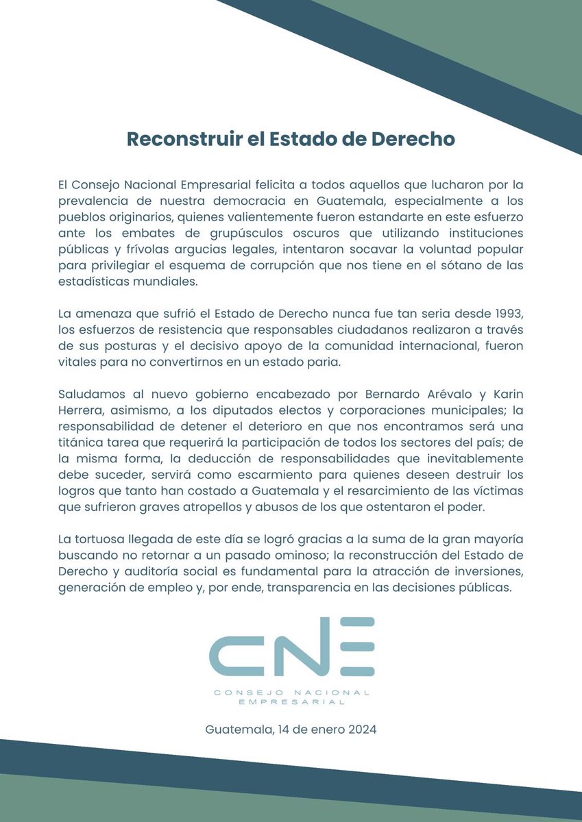 _CNEgt's tweet photo. Se rescató la Democracia!
Felicitamos al presidente electo Bernardo Arévalo, a la vicepresidente Karin Herrera, al presidente del Organismo Legislativo Samuel Pérez, diputados y corporaciones municipales  electas. https://t.co/COsAXr9AtL
