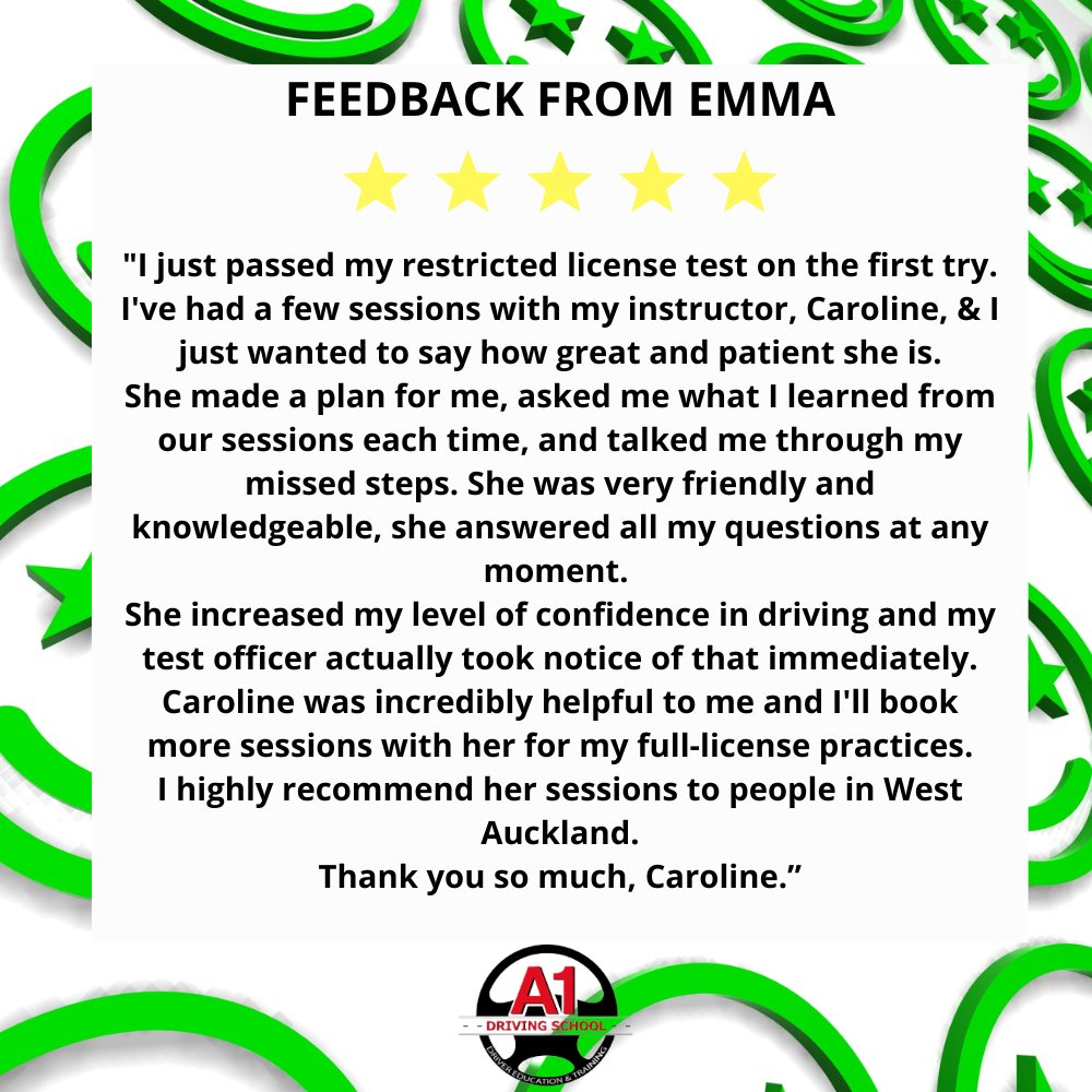 A1DrivinSchool's tweet photo. We love hearing about your positive learning experiences. Thanks for the 5-star review, Emma.
https://t.co/yGRcZJrVsQ
#A1DrivingSchoolnz #drivingtests #learntodrive #drivinginstructors #customerreviews #welovefeedback https://t.co/PSECs1oeE6