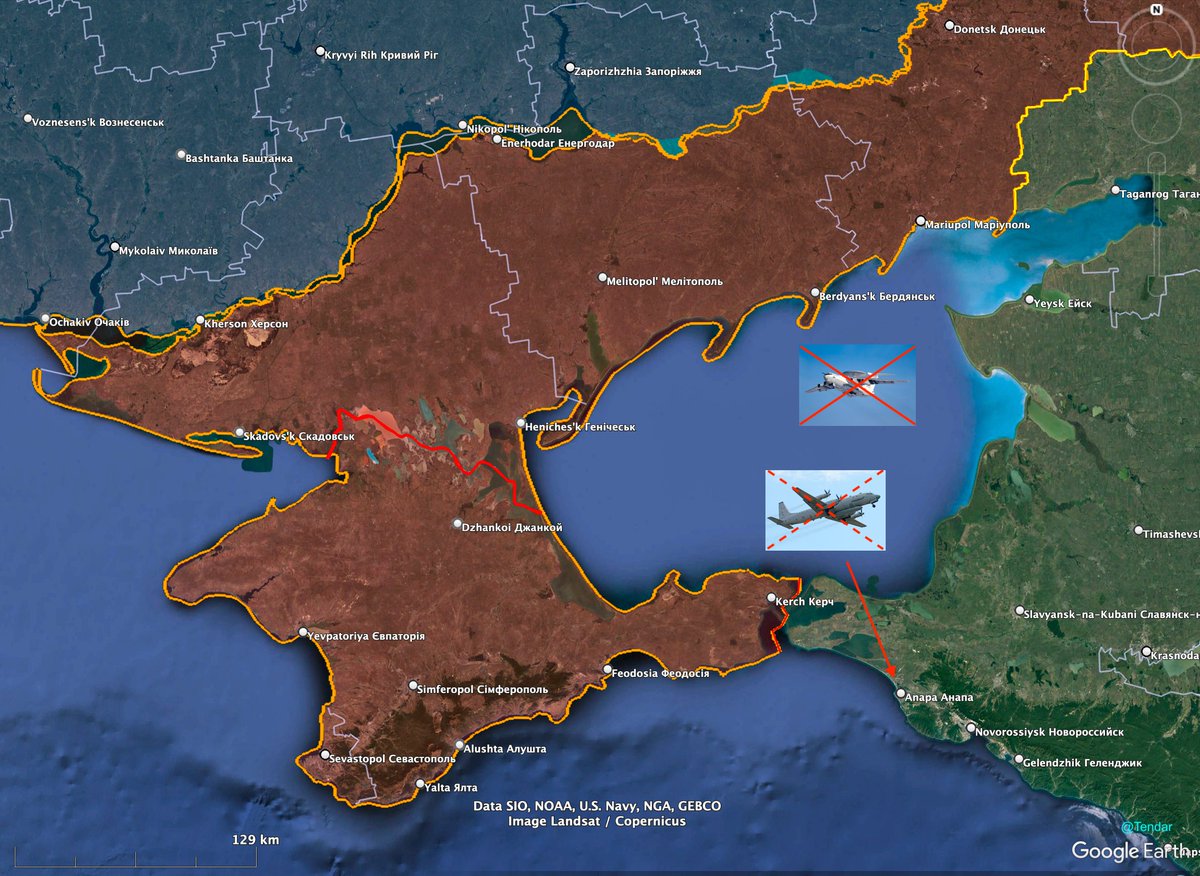 Tendar's tweet photo. Last night Russia lost with high certainty a Beriev A-50 airborne early warning and control plane over the Sea of Azov. Russian channels focused in aviation confirm the loss. The plane costing around 350 million USD was vital for air asset coordination in the entire region.

In addition a Russian Ilyushin Il-20M was also hit in this area and signaled mayday, including the attempt for an emergency landing in Anapa, Russia, as well as the request for ambulances. There is no information that the plane arrived at the destination but even if then it was certainly severely damaged.

The cause for both incidents are still a matter of speculation, but the fact that two valuable Russian birds got hit at the same time and the same region, make enemy fire the most plausible explanation. 

#Ukraine #AzovSea