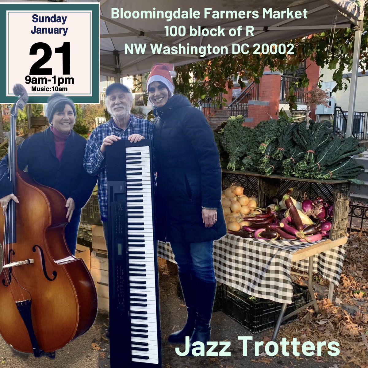 Sunday JANUARY 21st from 10am(ish)-1pm we’ll be playing our poppy jazz and “coffee house” songs at Bloomingdale Farmer's Market. Stop by, right near Big Bear Cafe. Get your weekly groceries! Fresh produce, pasture-raised meats,artisan breads,hot drinks,live music &amp; more, CU there