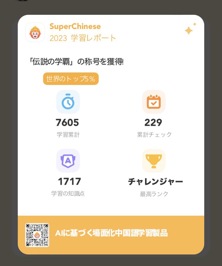 40Shanghai's tweet photo. SuperChineseというアプリでちょこちょこ中国語の勉強をしているのですが去年の学習レポートが見れるようになっていて学習累計がなんと世界のトップ5%に入ってます！このアプリ使ってる人どれくらいいるんだろ…😇 https://t.co/5QnmNUAkPn
