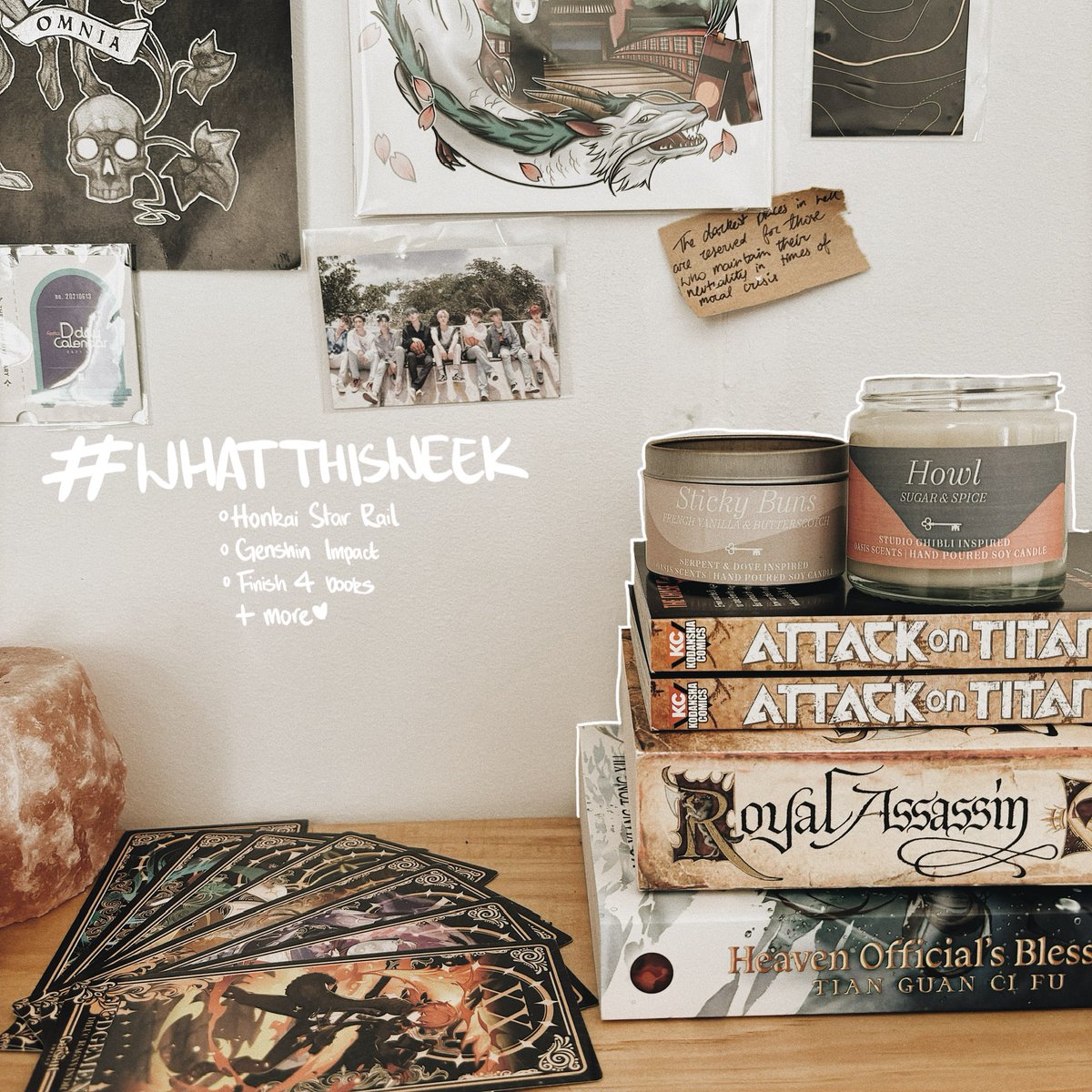weavingmythos's tweet photo. idk if #whatthisweek is a thing here,
but heres my plans this week
Burning: Howl & Sticky Buns by @oasis_scents
Reading: Royal Assassin, Heaven Officials Blessing vol 3 & Attack on Titan vol 11 & 12
Playing: Honkai star rail & Genshin
#booktwt #hsrtwt #mangatwt #danmeitwt https://t.co/Y956s8UwwQ
