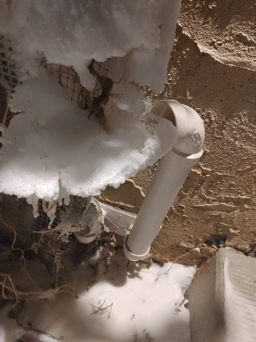 If you have a high efficiency furnace, please make sure it is free from ice build up and you have at least one carbon monoxide detector. I have a battery/electric one in my furnace room plus a portable one that I carry around the house. 
This is my exhaust that I just cleaned up.