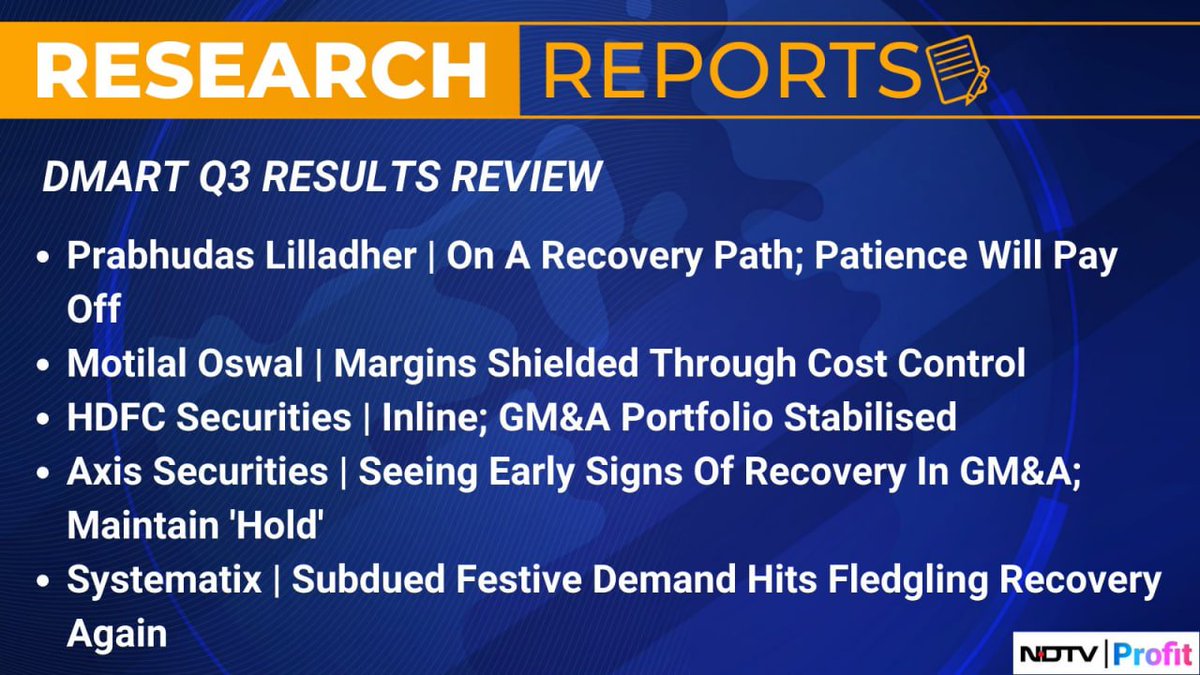 InSMEmpire's tweet image. Research Reports | DMART Avenue Supermarts Ltd
Here's what brokerage have to say about DMart's Q3 earnings.          
#ResearchReports #DMART
#StockMarket #IndianStockmarket
#Nifty #Sensex #NSE #BSE #Stock #StockToWatch #Stock #Investor #NSE #BSE #StockMarketToday #StockMarket
