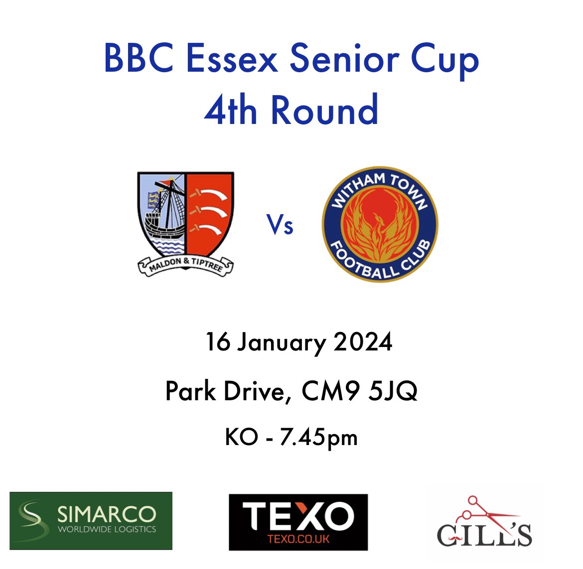 WithamTownFC (@withamtownfc) on Twitter photo NEXT 🆙
We travel to <a href="/MaldonTiptreeFC/">Maldon & Tiptree FC</a> on Tuesday night in the 4th round of the BBC Essex Senior Cup.
We are expecting a cold spell of weather this week, so we will monitor the situation closely and any updates will be provided on social media! NEXT 🆙
We travel to <a href="/MaldonTiptreeFC/">Maldon & Tiptree FC</a> on Tuesday night in the 4th round of the BBC Essex Senior Cup.
We are expecting a cold spell of weather this week, so we will monitor the situation closely and any updates will be provided on social media!
