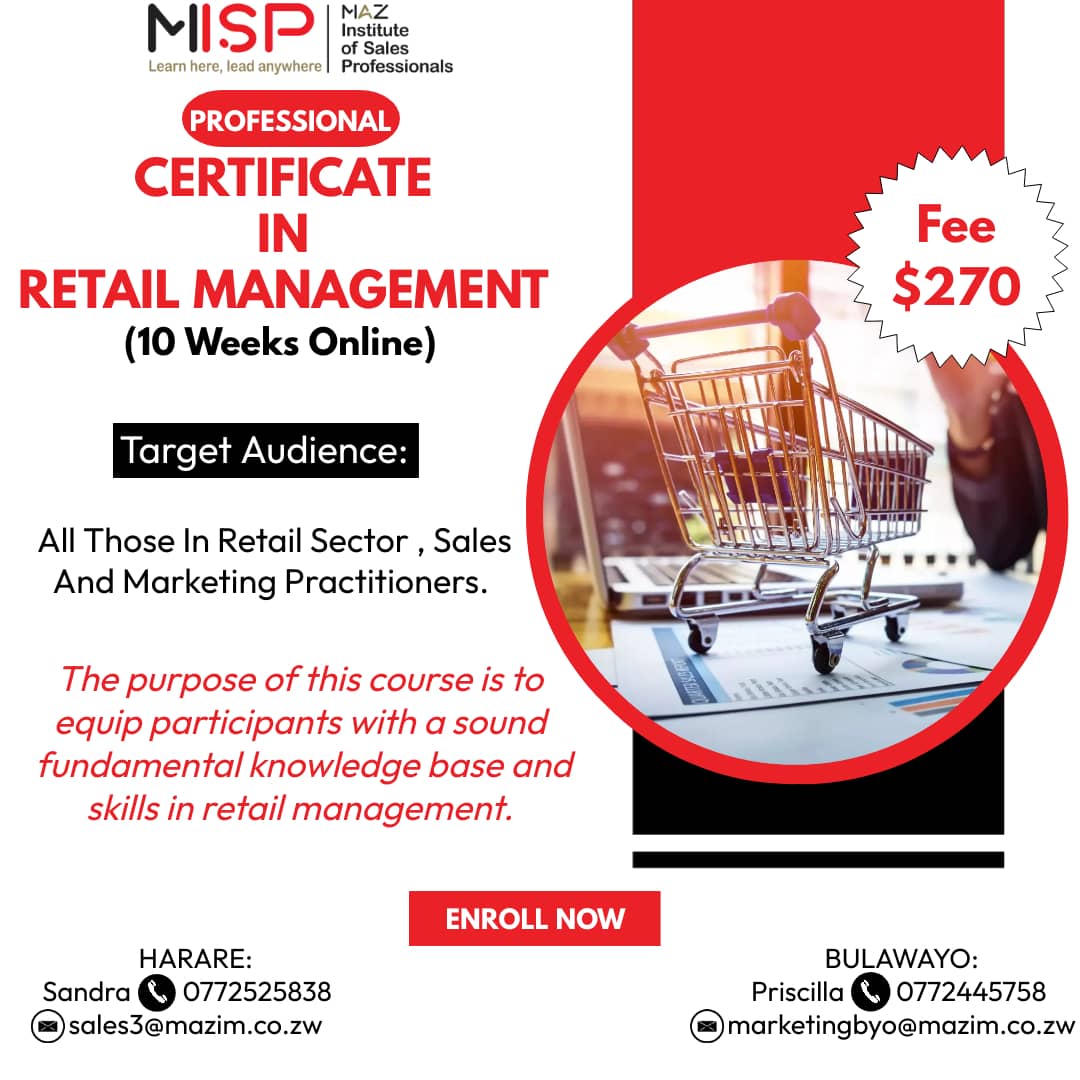 ZABCzwe's tweet photo. Take the next step in your professional development with our certificate in retail management program. This  program will equip you with the skills and knowledge  you need to advance in your career.  Sign up today and gain a competitive edge .Whatsapp or call Sandra 0772525838 https://t.co/gK8rzcWRXE