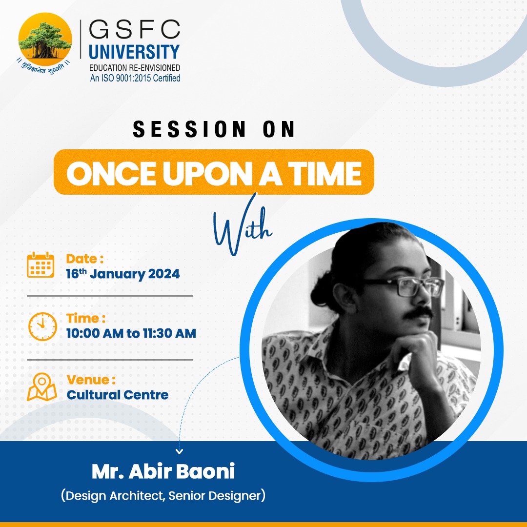 GSFCUniversity's tweet image. Join us for an inspiring journey into the art of storytelling. We are excited to share about the upcoming storytelling session by Mr. Abir Baoni Design Architect &amp;amp; Senior Designation, as part of the Foundation Course 2023-24.
#FoundationCourse23-24 Broadcast
#Storytelling