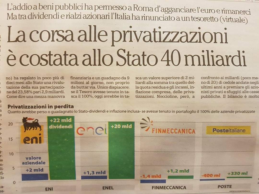 Gitro77's tweet photo. IL FALSO MITO DELLE PRIVATIZZAZIONI

«Forse le aziende siderurgiche più efficienti al mondo negli anni 90 erano quelle gestite dallo stato in Corea e Taiwan e non sembra proprio che la privatizzazione della coreana Posco ne abbia migliorato l'efficienza. In Canada, non vi sono elementi per affermare che la principale società ferroviaria sia più efficiente di quella pubblica; in Cile le miniere di rame private non danno l'impressione di essere più efficienti di quelle pubbliche.

In America latina, la privatizzazione delle società di telecomunicazioni non ha portato a incrementi di produttività, se non altro in quei casi in cui gli investimenti non erano stati eccessivamente contratti dai vincoli del bilancio pubblico». 

Joseph E. Stiglitz, "L' euro. Come una moneta comune minaccia il futuro dell'Europa"